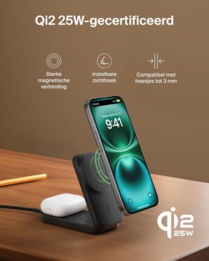 Belkin Wireless Charger, Magnetic 2-in-1 Qi2 Charging Station 25W, Adjustable MagSafe Compatible Charging Pad for iPhone 16, AirPods, Phone Holder with USB-C Port, 45W Adapter - White