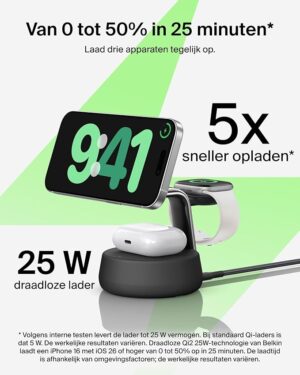 Belkin 3 in 1 Wireless Charger, Qi2-Certified Magnetic Charger with 25W, Adjustable MagSafe-Compatible Charger for iPhone 16, Apple Watch, AirPods, Charging Dock with 45W Adapter - Black
